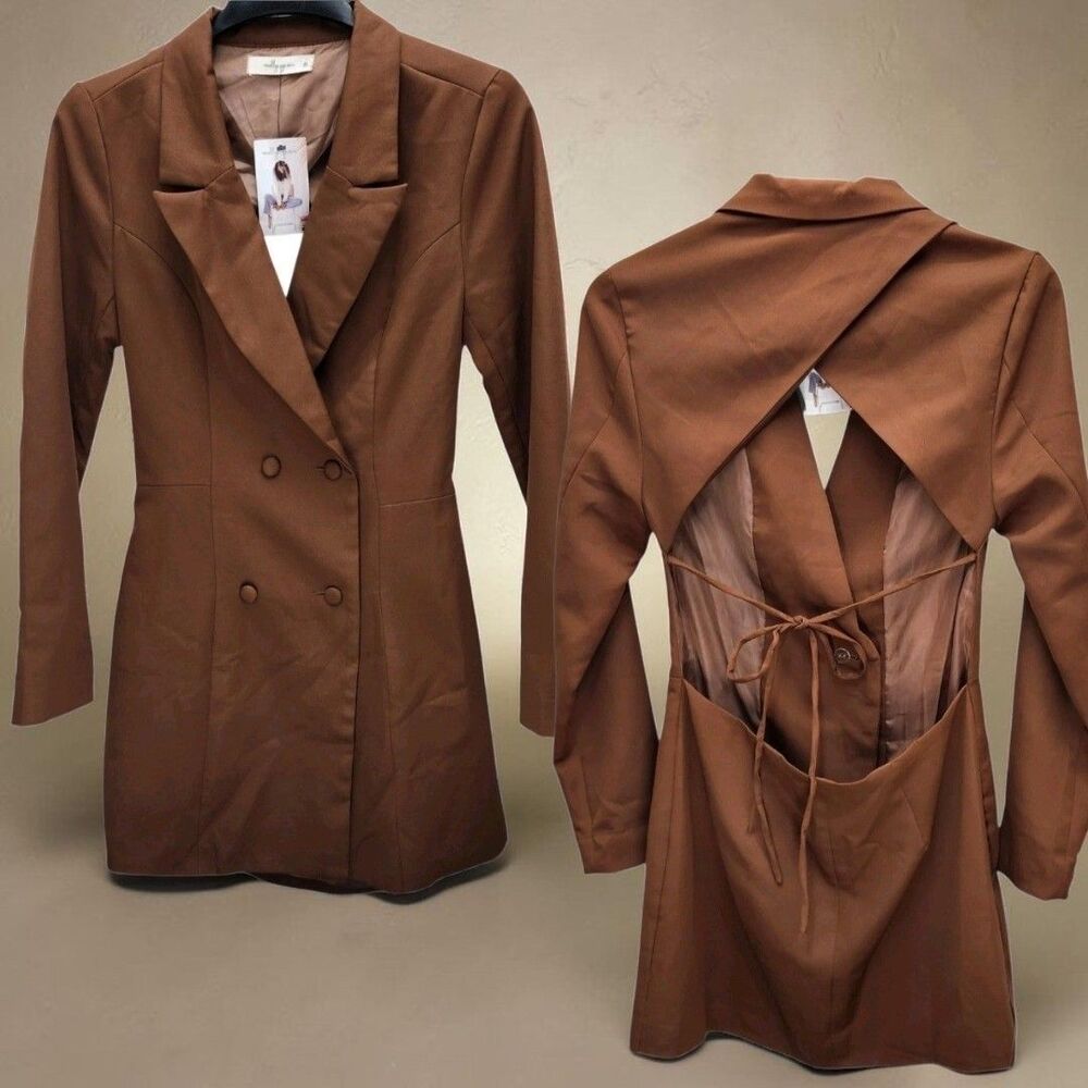 Molly Green Double Breasted Blazer Mini Dress Womens Medium Open Back Tie Brown